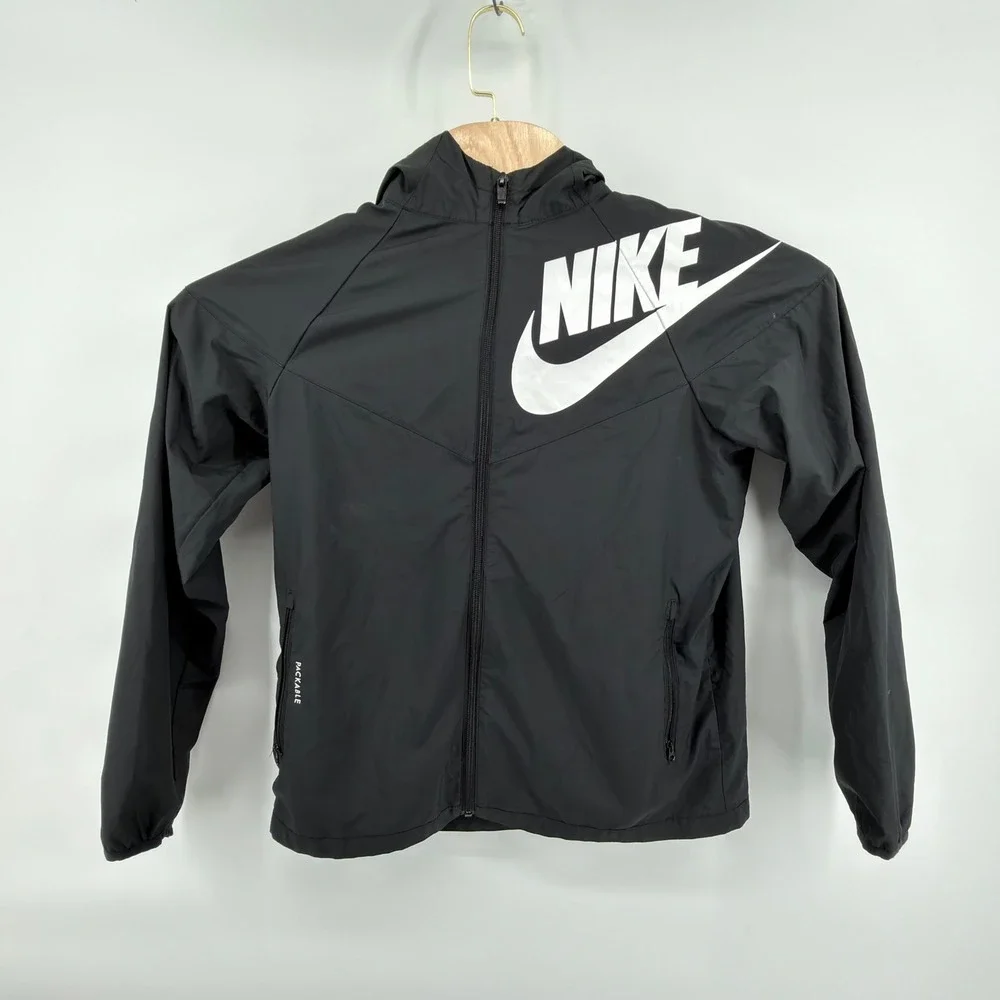 Nike Windbreaker Jacket Boys XL Black Packable Full Zip Hooded Futura Logo